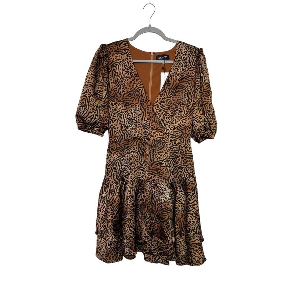 Sugar Lips Mixed Animal Print Satin Mini Dress V-Neck Puff Sleeve Bronze